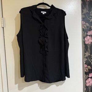 Bar III Black Sleeveless Ruffled Blouse with Mandarin Collar